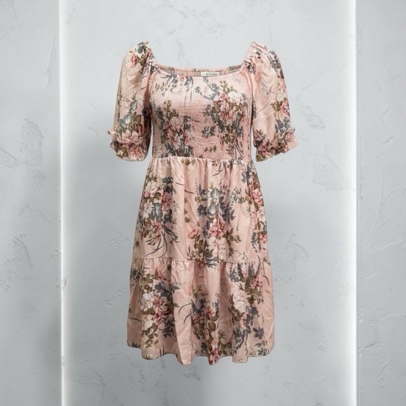 Flowers by Zoe Dresses & Skirts - Pink Floral Cottagecore Midi Dress Smocked Bodice Puff Sleeve Tiered Romantic